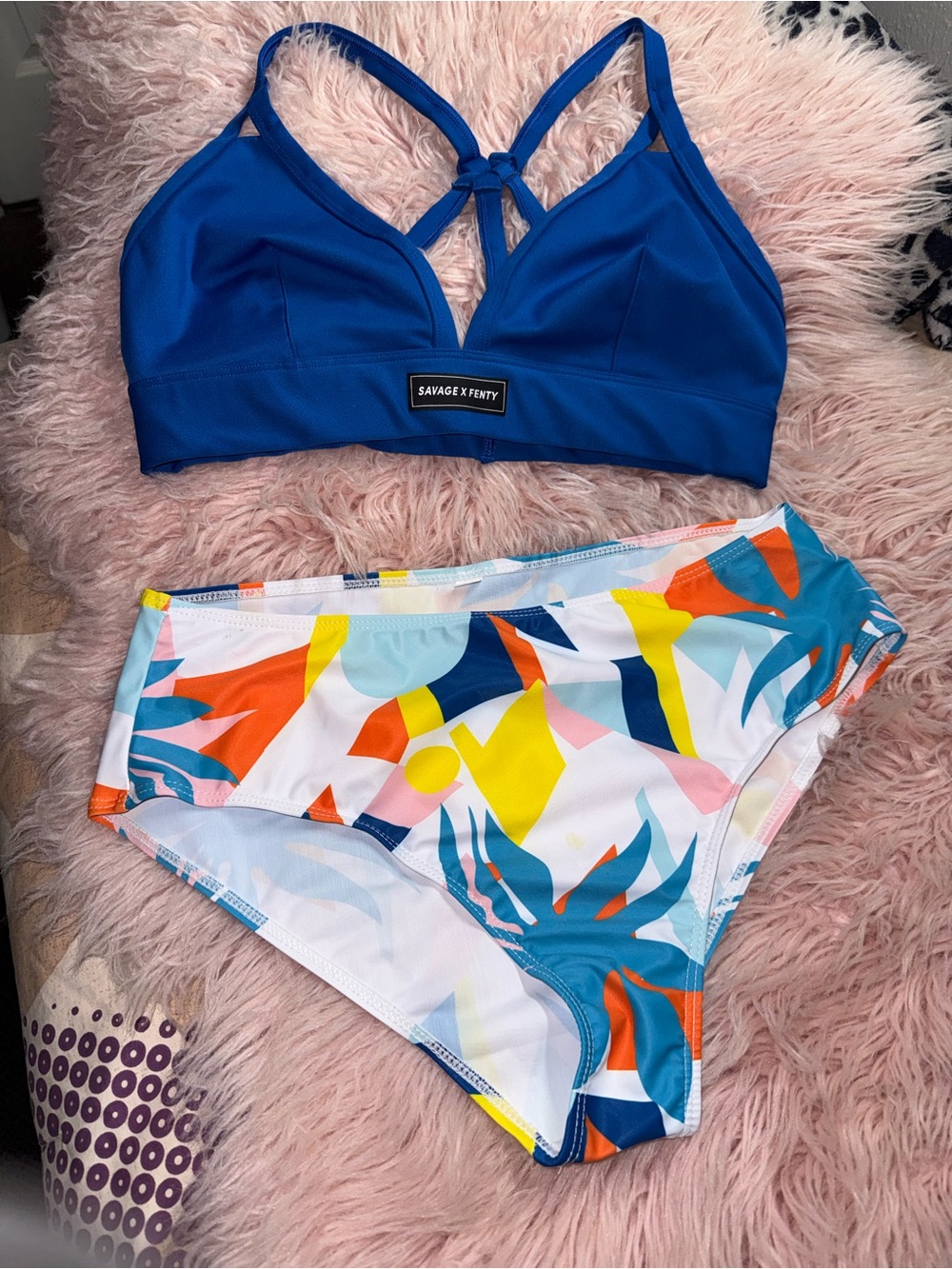 Savage X Fenty Cobalt Blue Bralette with Multicolor Abstract Bikini Bottoms